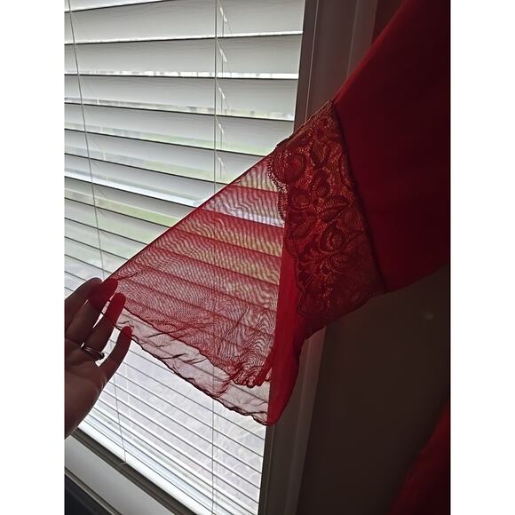 Vtg Red Paisley Open Front Long Length Lace Old Money Robe Womans Size Large - Picture 3 of 4